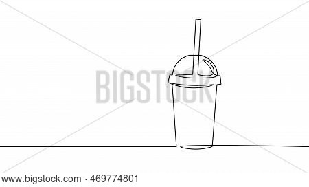 One Line Continuous Cardboard Paper Cup Symbol Concept. Silhouette Of Fast Food Restaurant Drinks Co