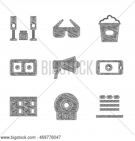 Set Megaphone, Cd Or Dvd Disk, Cinema Auditorium With Seats, Online Play Video, Vhs Cassette Tape, P