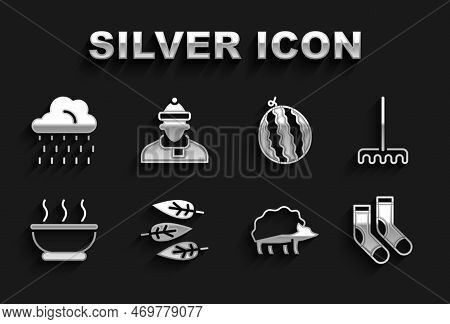 Set Leaf Or Leaves, Garden Rake, Socks, Hedgehog, Bowl Of Hot Soup, Watermelon, Cloud With Rain And 