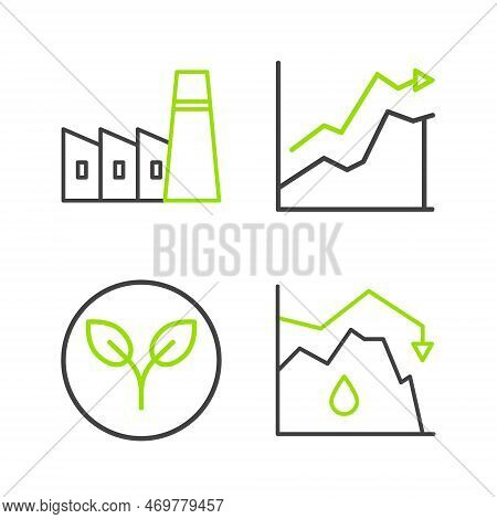 Set Line Drop In Crude Oil Price, Bio Fuel, Oil Increase And Industrial Factory Building Icon. Vecto