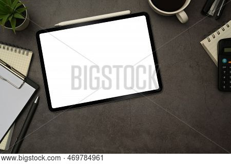 Flat Lay Digital Tablet With White Blank Screen, Cup Of Coffee And Notepad On Black Slate Texture Ba