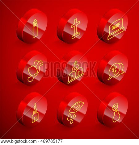 Set Line Burning Candle, Grave With Cross, Tombstone Rip Written, Dove, Church Building, And Tear Cr