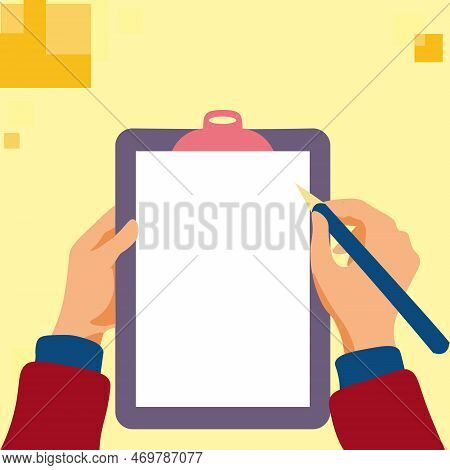 Illustration With Hands Holdings Paper And Pencil Writing Text. Brand Nes Infromation. Empty Space F