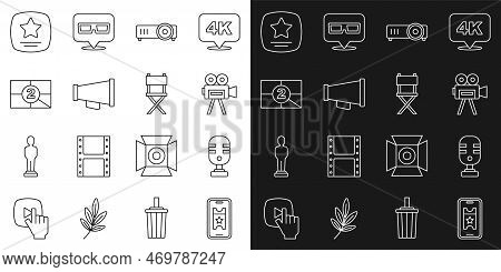 Set Line Buy Cinema Ticket Online, Microphone, Retro Camera, Movie, Film, Media Projector, Megaphone