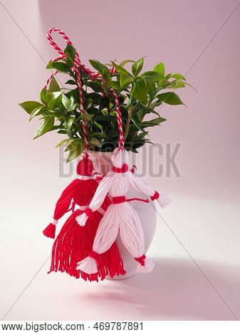 Martisor Red And White Dolls. Holiday Martisoare And Baba Marta. Vertical Image.