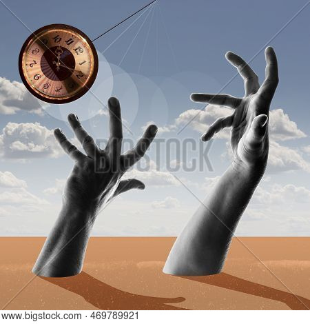 Contemporary Art Collage. Creative Surreal Design. Flight Of Time. Human Hands Sticking Out Deser An