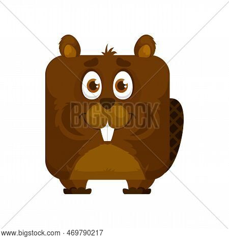 Beaver Cartoon Kawaii Square Face Emoji Or Animal Emoticon, Vector Character. Funny Beaver Smile Wit