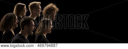 Side View Portraits Of Different People Shouting, Screaming Over Dark Background. Banner. Concept Of