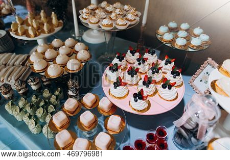 Sweets On The Buffet Table. Candy Bar For Birthday. Confectionery On The Table