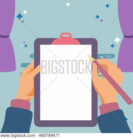 Illustration With Hands Holdings Paper And Pencil Writing Text. Brand Nes Infromation. Empty Space F
