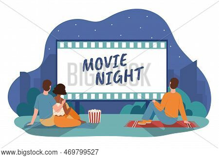 Movie Night Concept. Men And Young Girl Sit With Popcorn On Roof And Watch Movies And Series. Cultur
