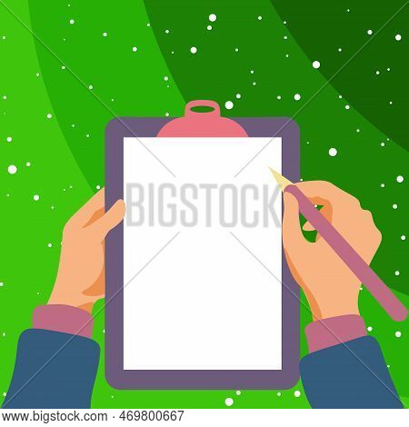 Illustration With Hands Holdings Paper And Pencil Writing Text. Brand Nes Infromation. Empty Space F