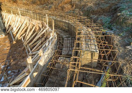 Construction Site Reinforcement Of Concrete Blocks With Metal. Concrete Blocks On The Construction S