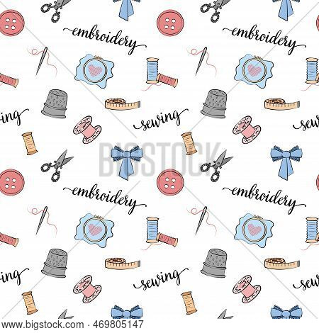 Sewing Pattern. Vector Seamless Background. Embroidery Illustrated Elements. Various Sewing Tools On