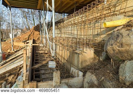 Using Metal Reinforcement On Construction Sites To Strengthen Concrete Blocks. Building Sites With M