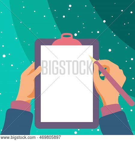 Illustration With Hands Holdings Paper And Pencil Writing Text. Brand Nes Infromation. Empty Space F