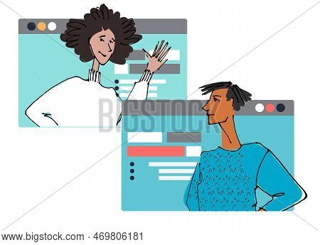 Two Young People In Front Of A Computer Screen. Flat Style, Isolated Vector Element