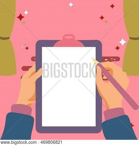 Illustration With Hands Holdings Paper And Pencil Writing Text. Brand Nes Infromation. Empty Space F