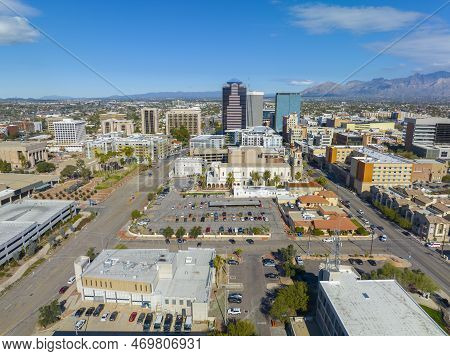 St. Augustine Cathedral and Tucson skyscrapers including One South Church, Bank of America Plaza and Pima County Legal Services Building in downtown Tucson, Arizona AZ, USA.