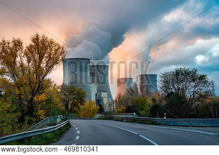 Nuclear Power Plant Near Cruas, France, Europe. Colorful Sunrise Sky. Fall Season