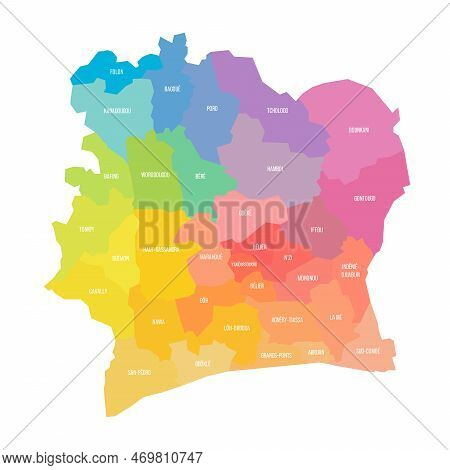 Ivory Coast Political Map Of Administrative Divisions - Regions And Autonomous Districts. Colorful R