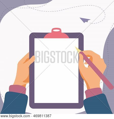 Illustration With Hands Holdings Paper And Pencil Writing Text. Brand Nes Infromation. Empty Space F