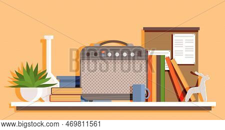 Wooden Shelf With Decor Items. Cartoon Design Style Bookshelf With Different Interior Things Potted 