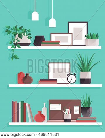 Book Shelves With Colorful Objects. Cartoon Design Style Bookshelves With Different Potted Plants Bo