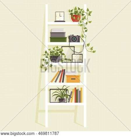 Book Shelves With Colorful Objects. Cartoon Design Style Bookshelves With Different Potted Plants Bo