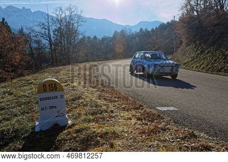 Saillans, France, January 30, 2023 : Historic Monte-carlo Rally Runs On The Roads Of South Of France