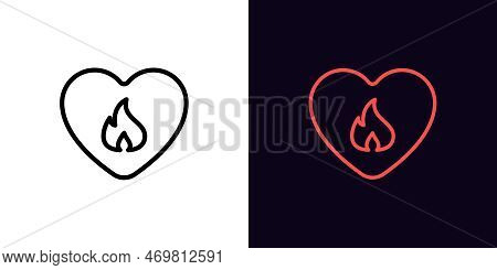 Outline Love Fire Icon, With Editable Stroke. Heart Frame With Flame Sign, Hot Love Pictogram. Fondn