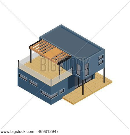 Modular Frame Building Isometric Composition With Isolated Image Of Modern Cottage Made From Modules