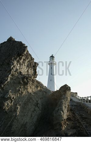 Castle Point Lighthouse And Coastline On Wairarapa Coast In New Zealand.