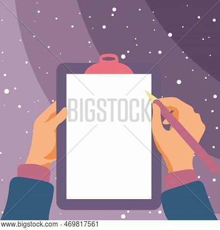 Illustration With Hands Holdings Paper And Pencil Writing Text. Brand Nes Infromation. Empty Space F