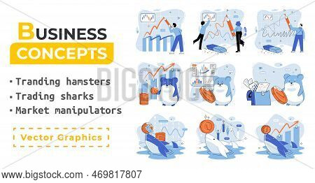 Stock Market Manipulation Concepts Set, Change Business Graph Indicator, Influence Crypto Currency P