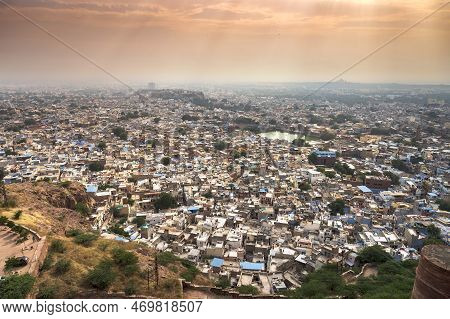 Beautiful Top View Of Jodhpur City From Mehrangarh Fort, Rajasthan, India. Jodhpur Is Called Blue Ci