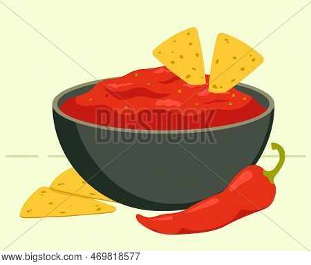 Salca Sauce In The Bowl With Chili Pepper And Nachos Food Vector Illustration In Flat Style