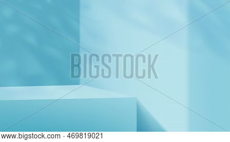 Blue Wall Background,3d Display Studio With Leaves Shadow,empty Gallery Room With Sunlight Overlay O