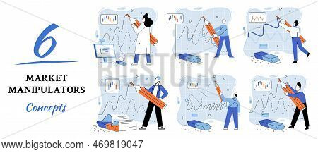 Stock Market Manipulation Concepts Set, Change Business Graph Indicator, Influence Crypto Currency P