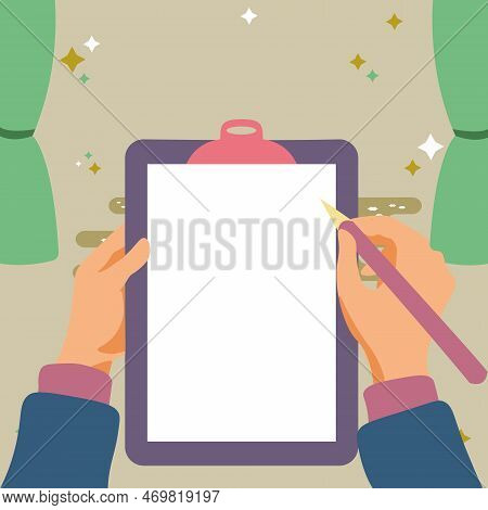 Illustration With Hands Holdings Paper And Pencil Writing Text. Brand Nes Infromation. Empty Space F