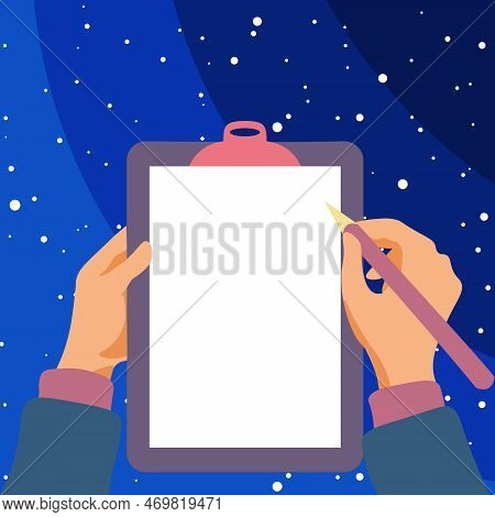 Illustration With Hands Holdings Paper And Pencil Writing Text. Brand Nes Infromation. Empty Space F