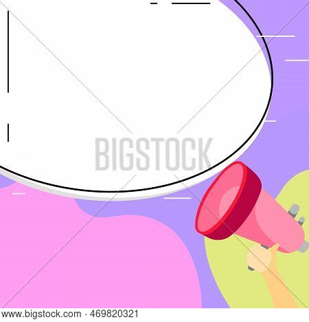 Megaphone In Hand Voice Device With Speech Bubble Presenting Important Brand New Messages. Bullhorn 