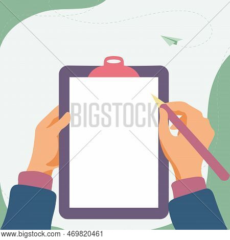 Illustration With Hands Holdings Paper And Pencil Writing Text. Brand Nes Infromation. Empty Space F