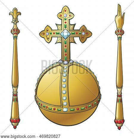 Sceptre And Globus Cruciger Also Known As Orb. Sign Of Royal Authority. Line Drawing Coloured And Sh