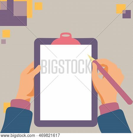 Illustration With Hands Holdings Paper And Pencil Writing Text. Brand Nes Infromation. Empty Space F