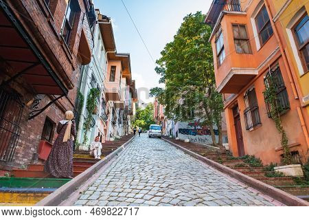 Istanbul, Turkey - August 2022 : Balat Area In Istanbul With Famous Colorful Houses And Streets, Bal