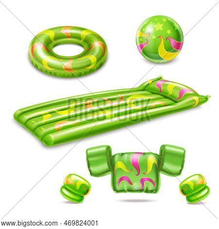 Swimming Accessories Green Set Of Inflatable Cuffs Mattress Ball Life Ring Isolated On White Backgro