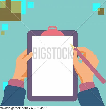 Illustration With Hands Holdings Paper And Pencil Writing Text. Brand Nes Infromation. Empty Space F