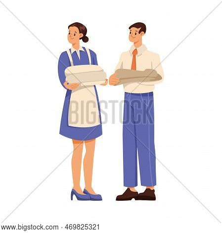 Woman Hotel Maid Standing With Man Administrator Holding Clean Folded Bedsheet Vector Illustration