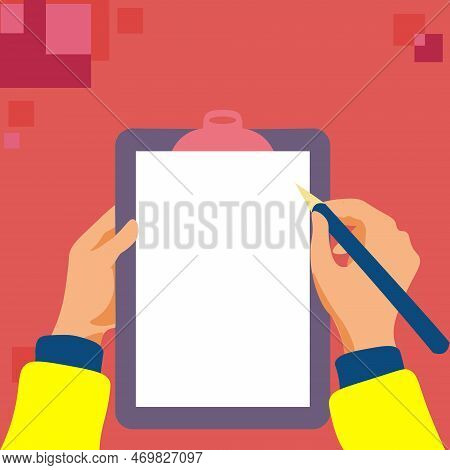 Illustration With Hands Holdings Paper And Pencil Writing Text. Brand Nes Infromation. Empty Space F